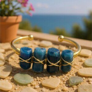 Blue Apatite Triple-Stone Wire Wrap Cuff w/ 14Kt Gold Over Copper – NWT Handmade